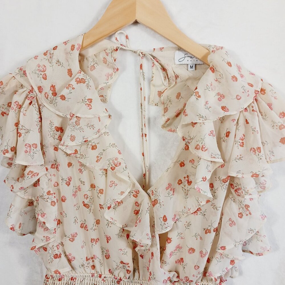 Sabo Skirt, Mini Dress, Ruffled, Open Back, Cream/Orange Floral, Size Medium - Picture 3 of 16